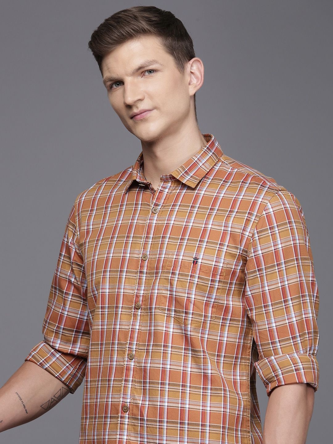 

Louis Philippe Jeans Slim Fit Tartan Checked Pure Cotton Casual Shirt, Rust