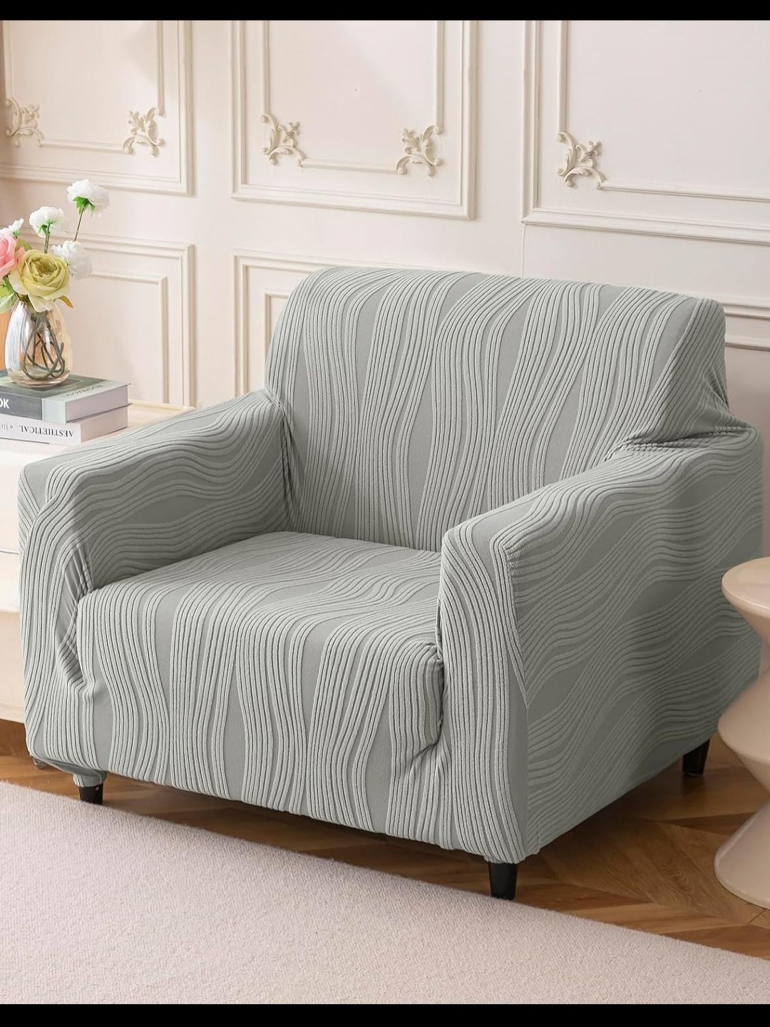 

House Of Quirk Single Seater Jacquard Waterproof Crizzle Pattern Fabric Sofa Cover, Grey