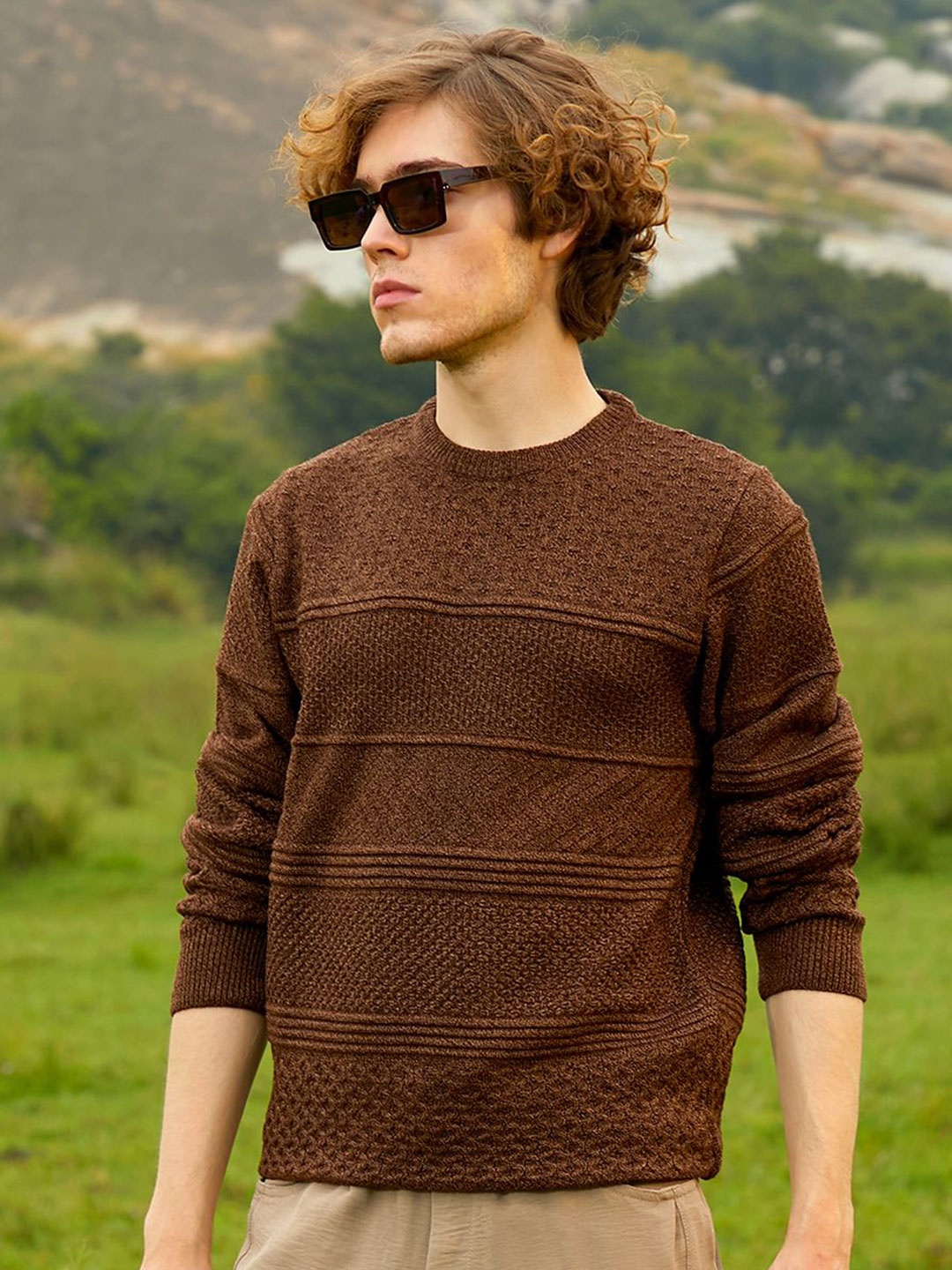 

Campus Sutra Men Cable Knit Pullover, Brown