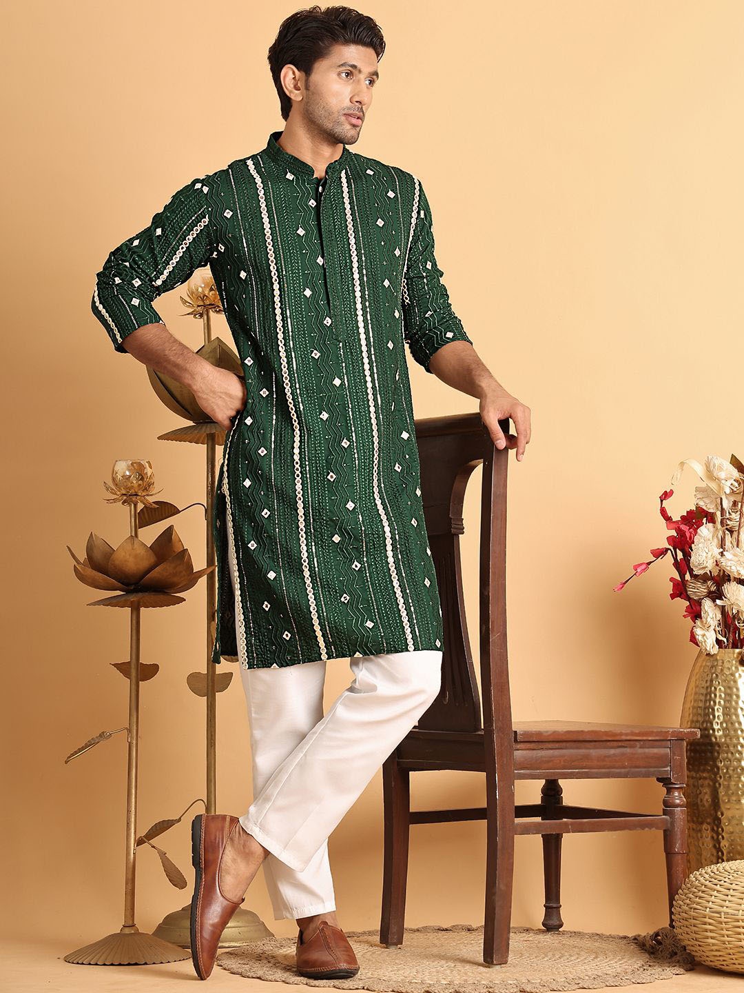 

Anouk Men Embroidered Regular Mirror Work Kurta with Pyjamas, Olive