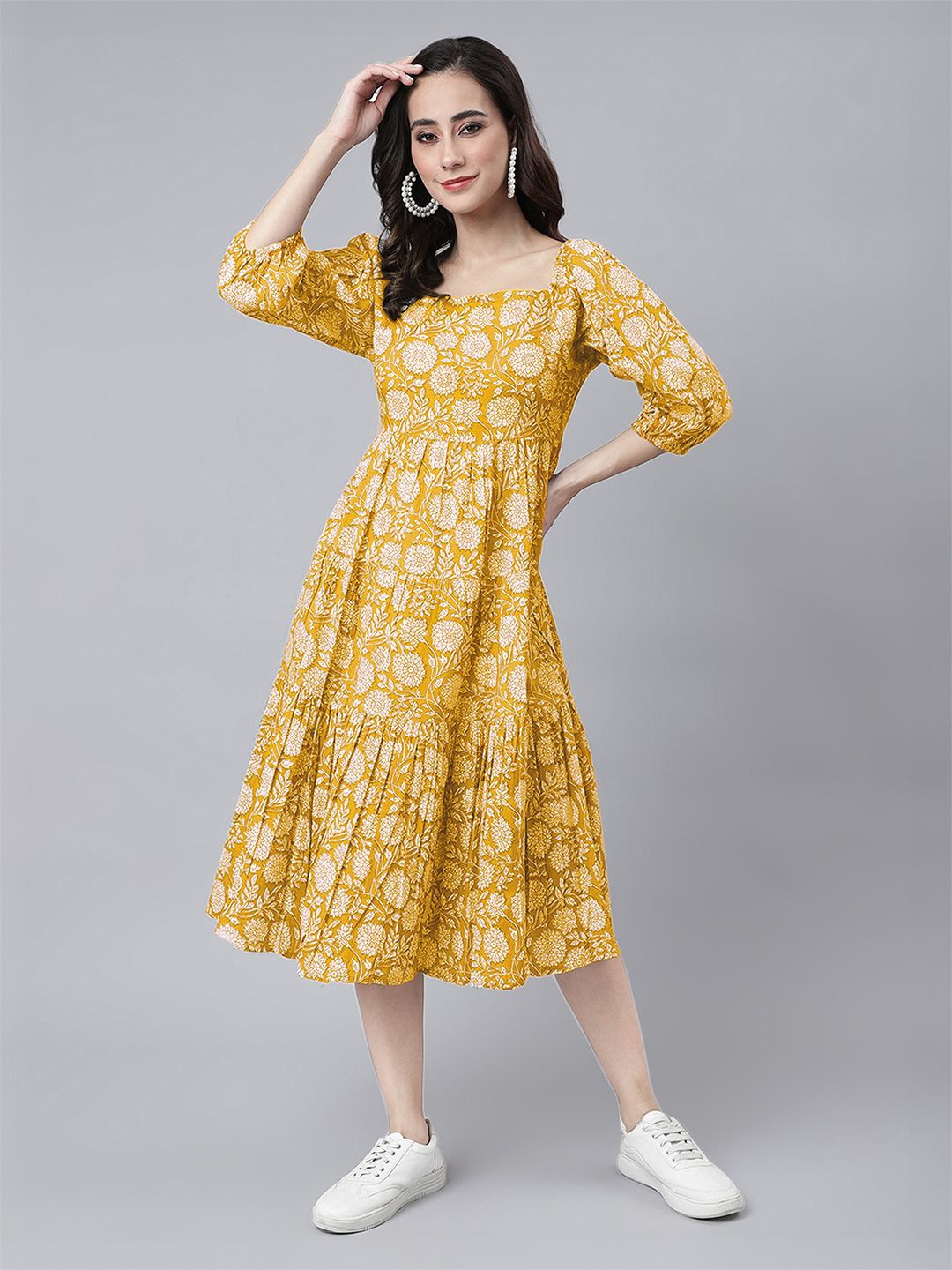 

Janasya Floral Print Puff Sleeve Fit & Flare Midi Dress, Yellow