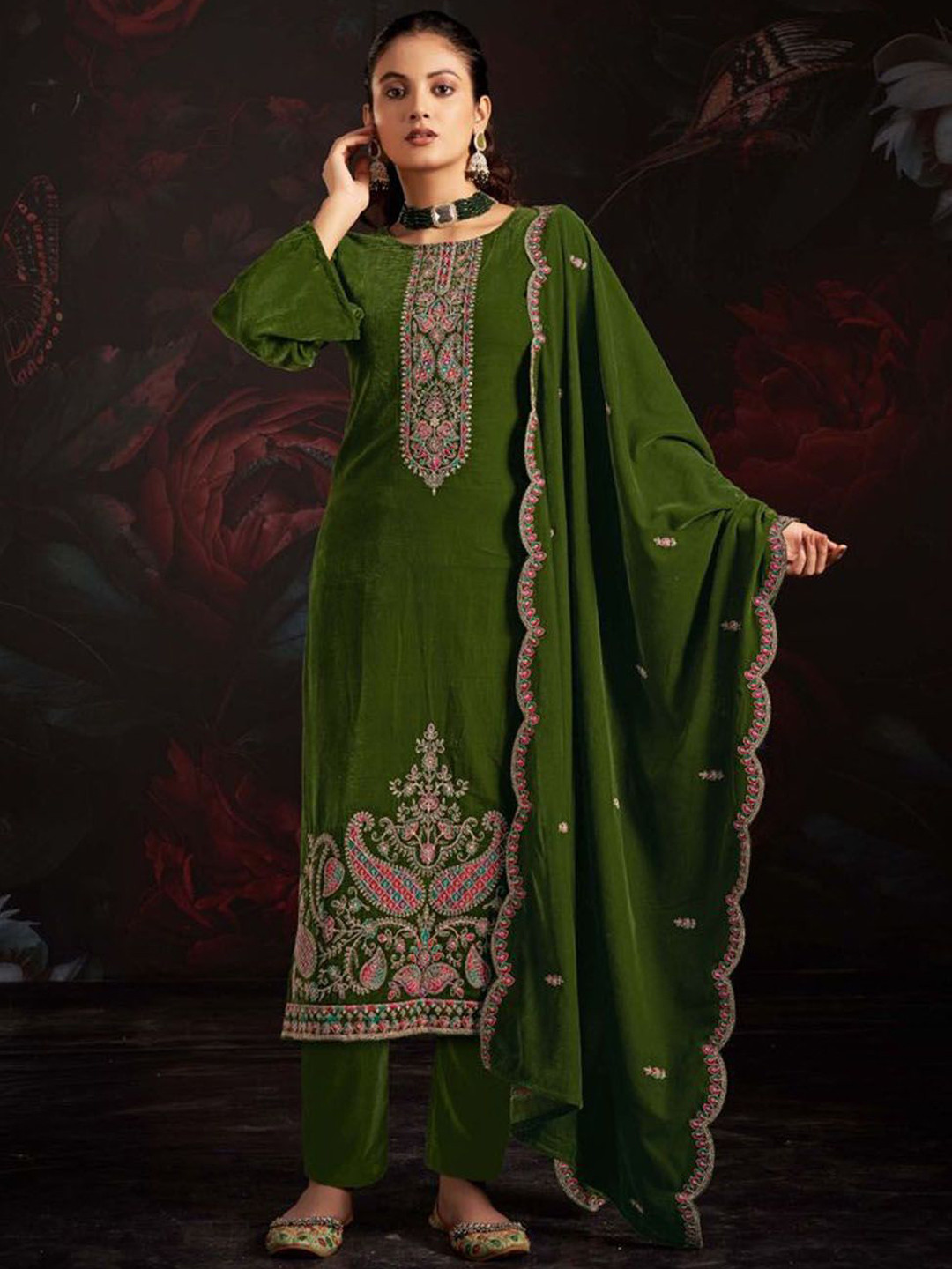 

Clora Creation Embroidered Velvet Unstitched Dress Material, Green
