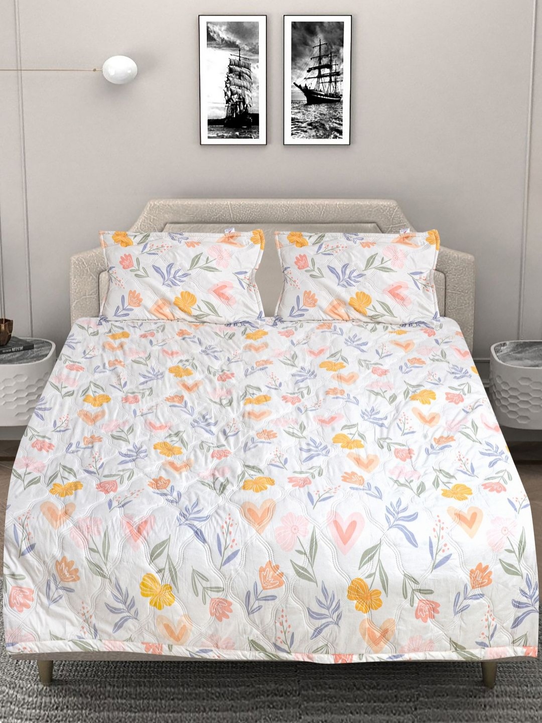 

FABINALIV White & Orange Printed Bed Cover With Pillow Covers