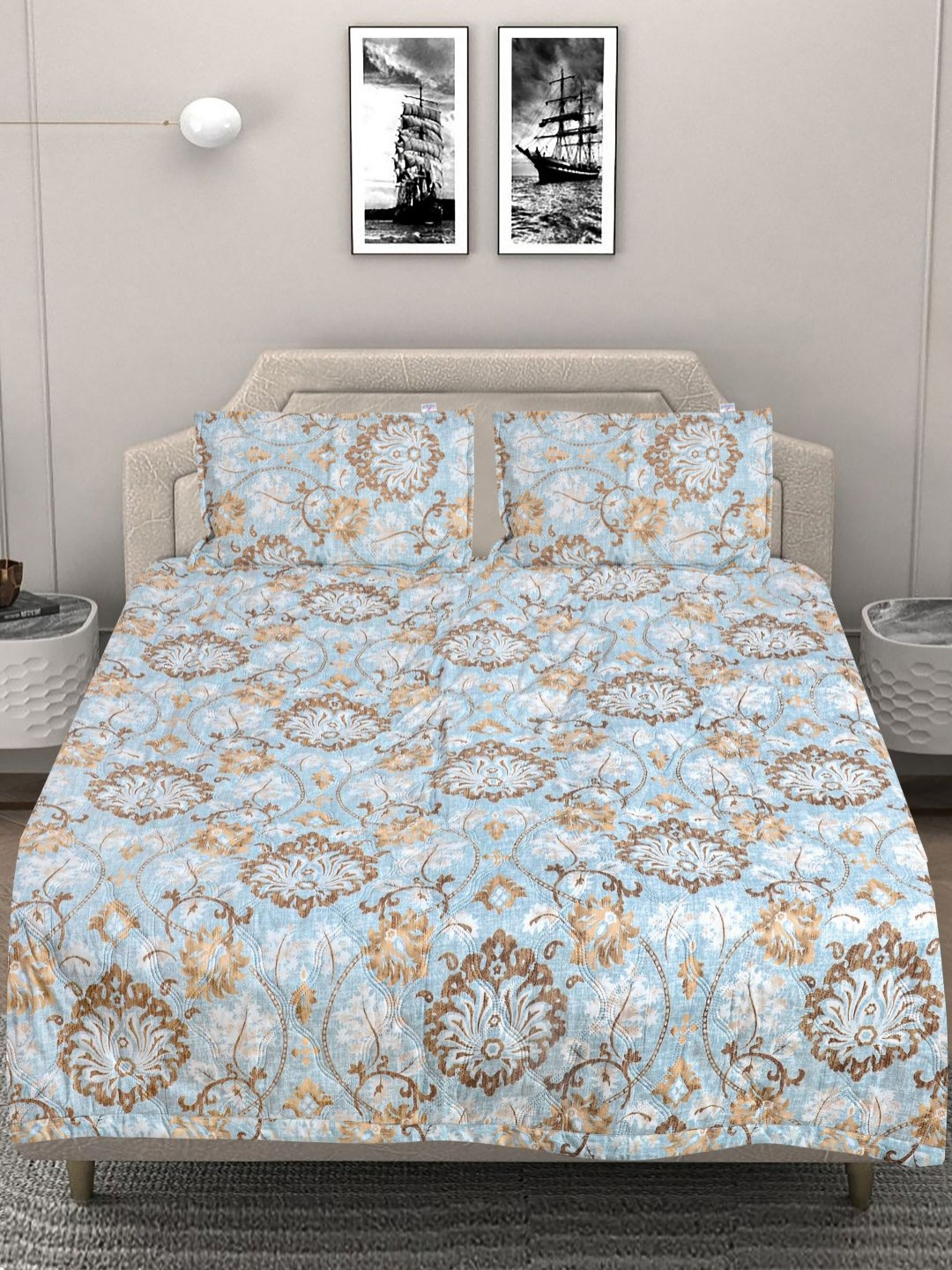 

FABINALIV Blue & Brown Printed Reversible Double King Bed Covers