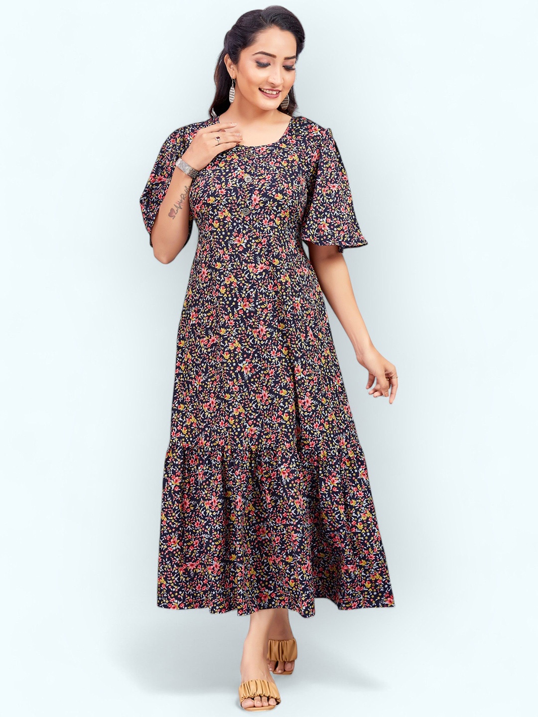 

PAMPER YOURSELF Floral Print Georgette Fit & Flare Maxi Dress, Navy blue