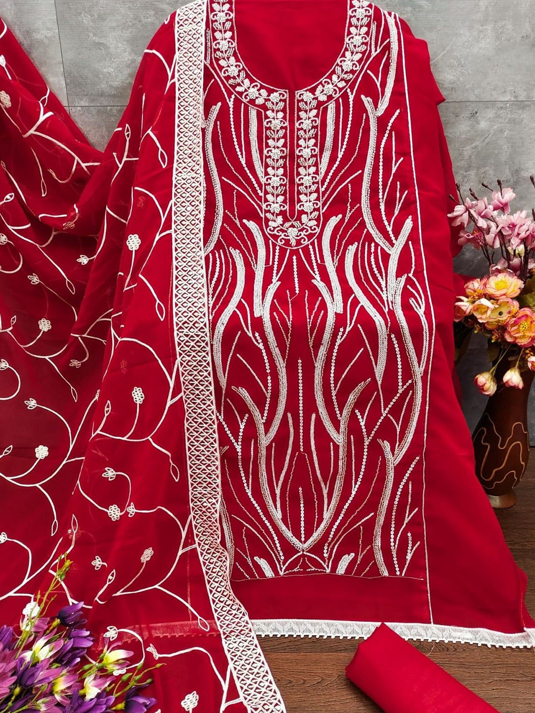 

ZEEPKART Silk Georgette Unstitched Dress Material, Red