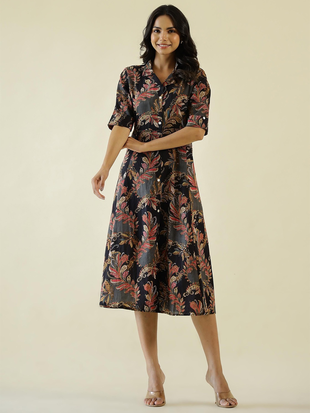

FLAVIA CREATION Cotton Ethnic Motifs Printed Roll-Up Sleeves Shirt Midi Dress, Black