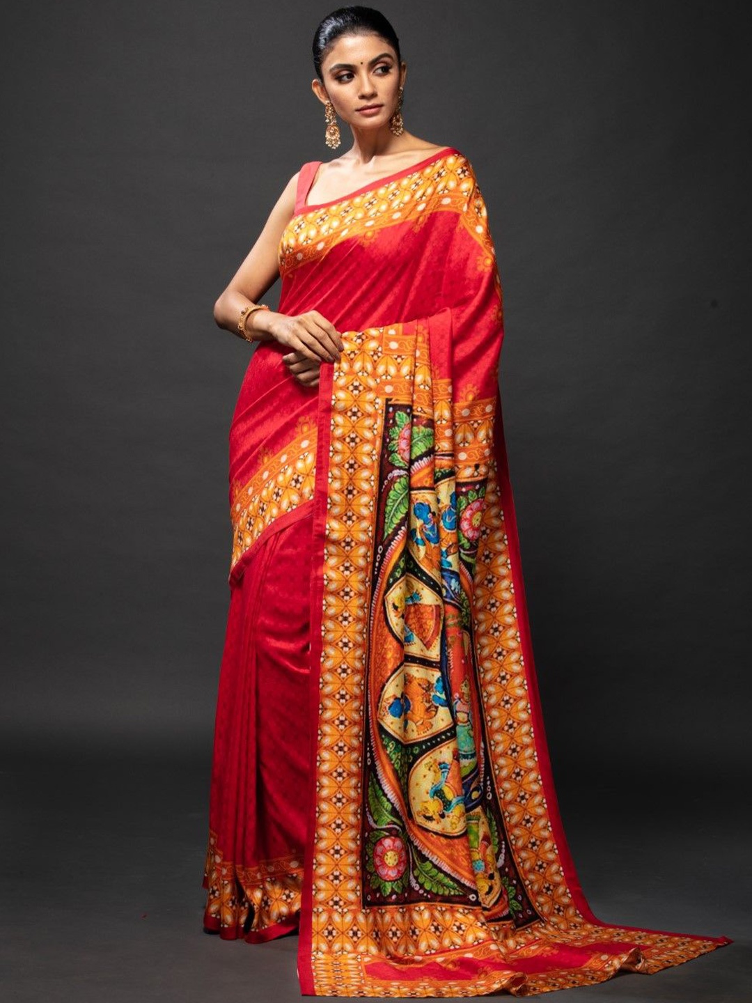 

House of Deepthi Ethnic Motif Printed Saree With Blouse Piece, Red