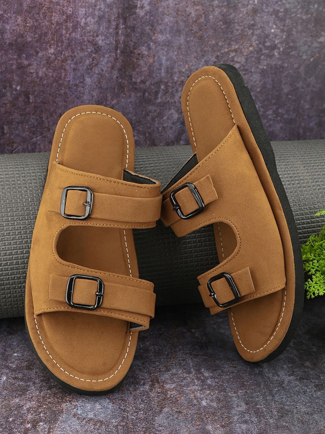 

Apratim Men Open Toe Flats with Buckles, Tan
