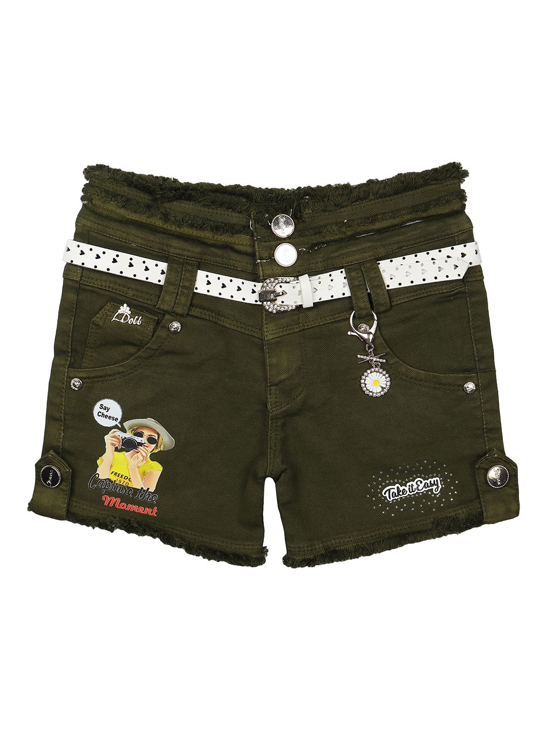 

Arshia Fashions Girls Washed Slim Fit High-Rise Denim Denim Shorts, Green