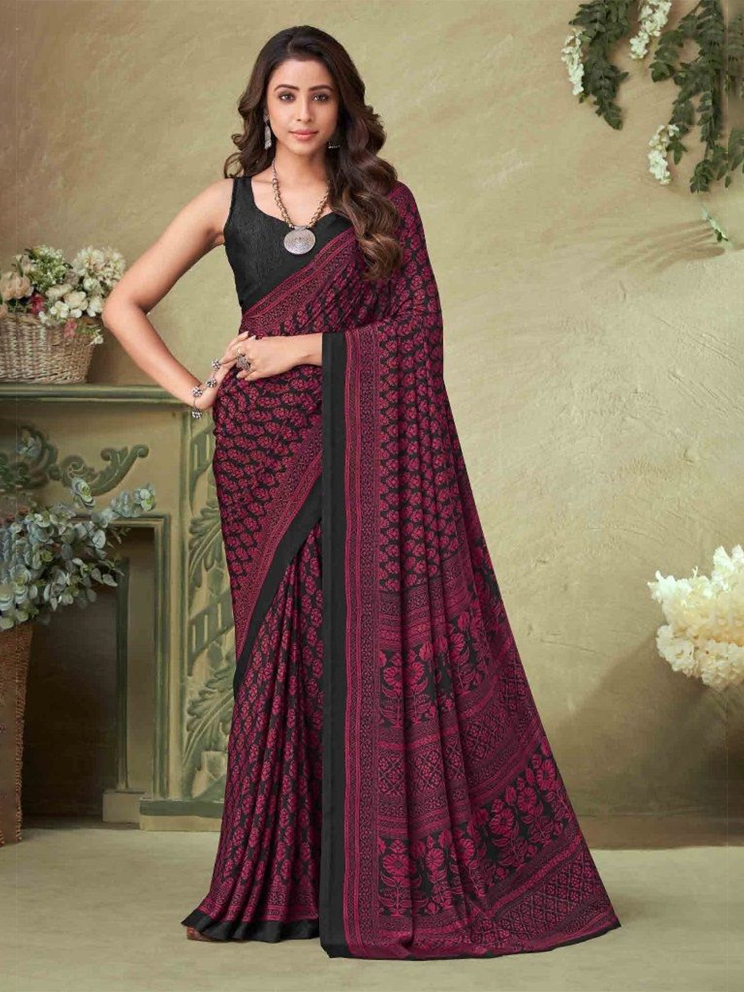 

Reboot Fashions Ethnic Motifs Pure Crepe Saree, Red