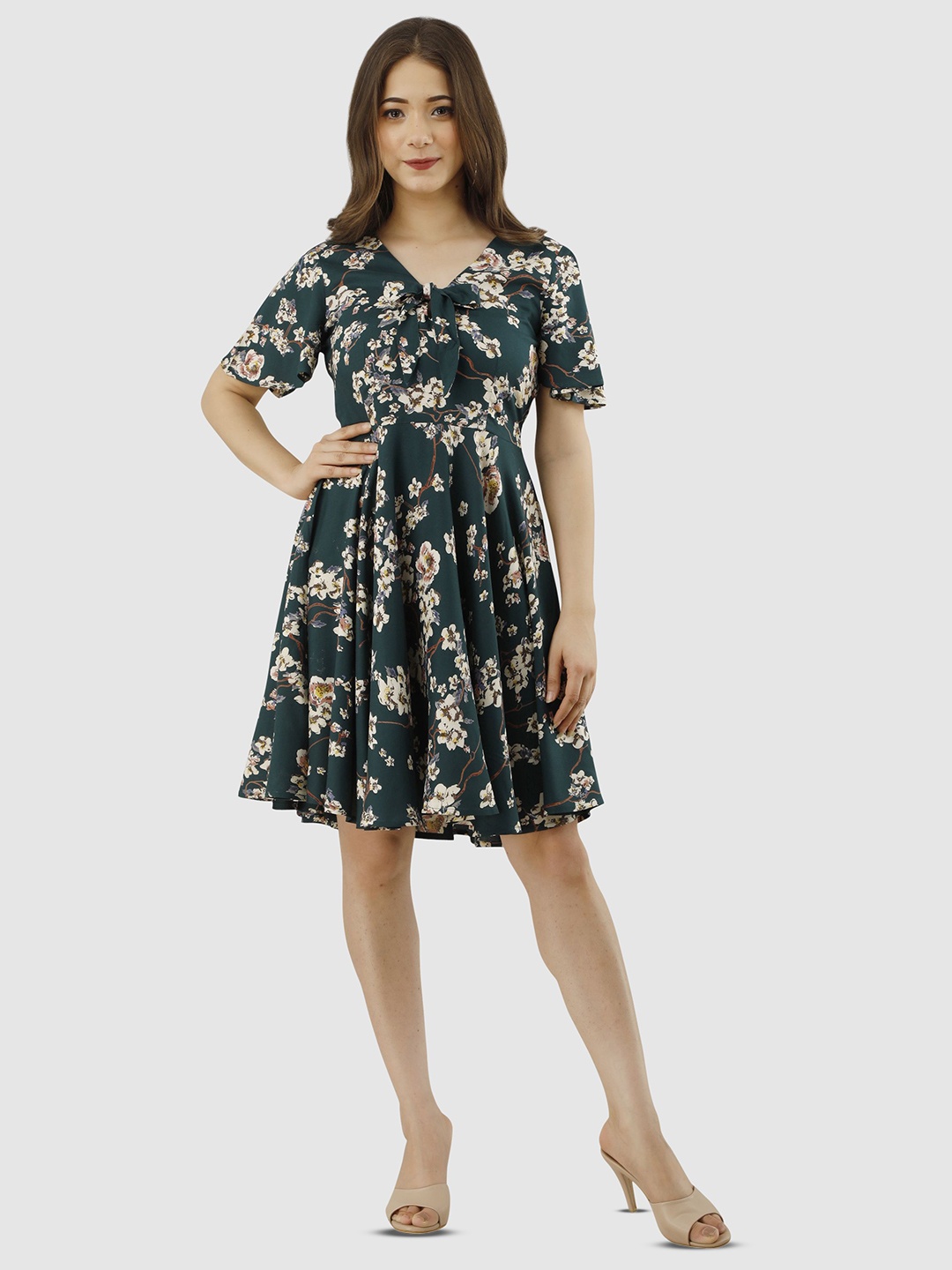 

all about you Floral Print Tie-Up Neck Flutter Sleeve A-Line Dress, Green