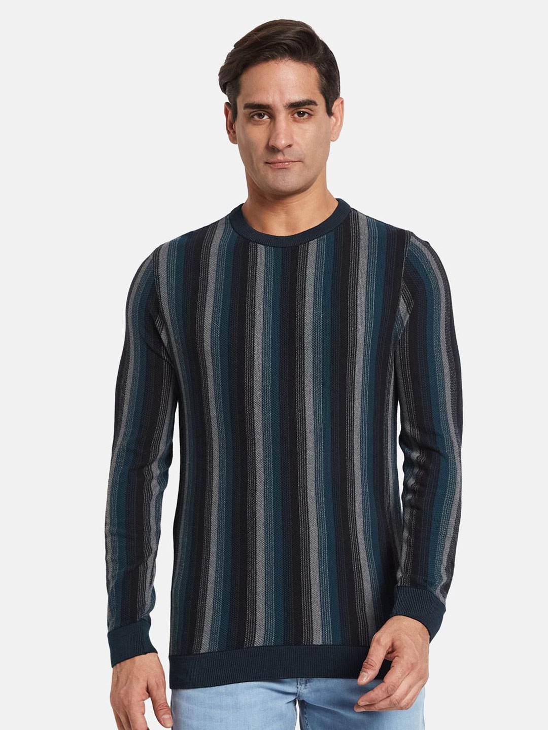 

METTLE Men Striped Pullover, Green