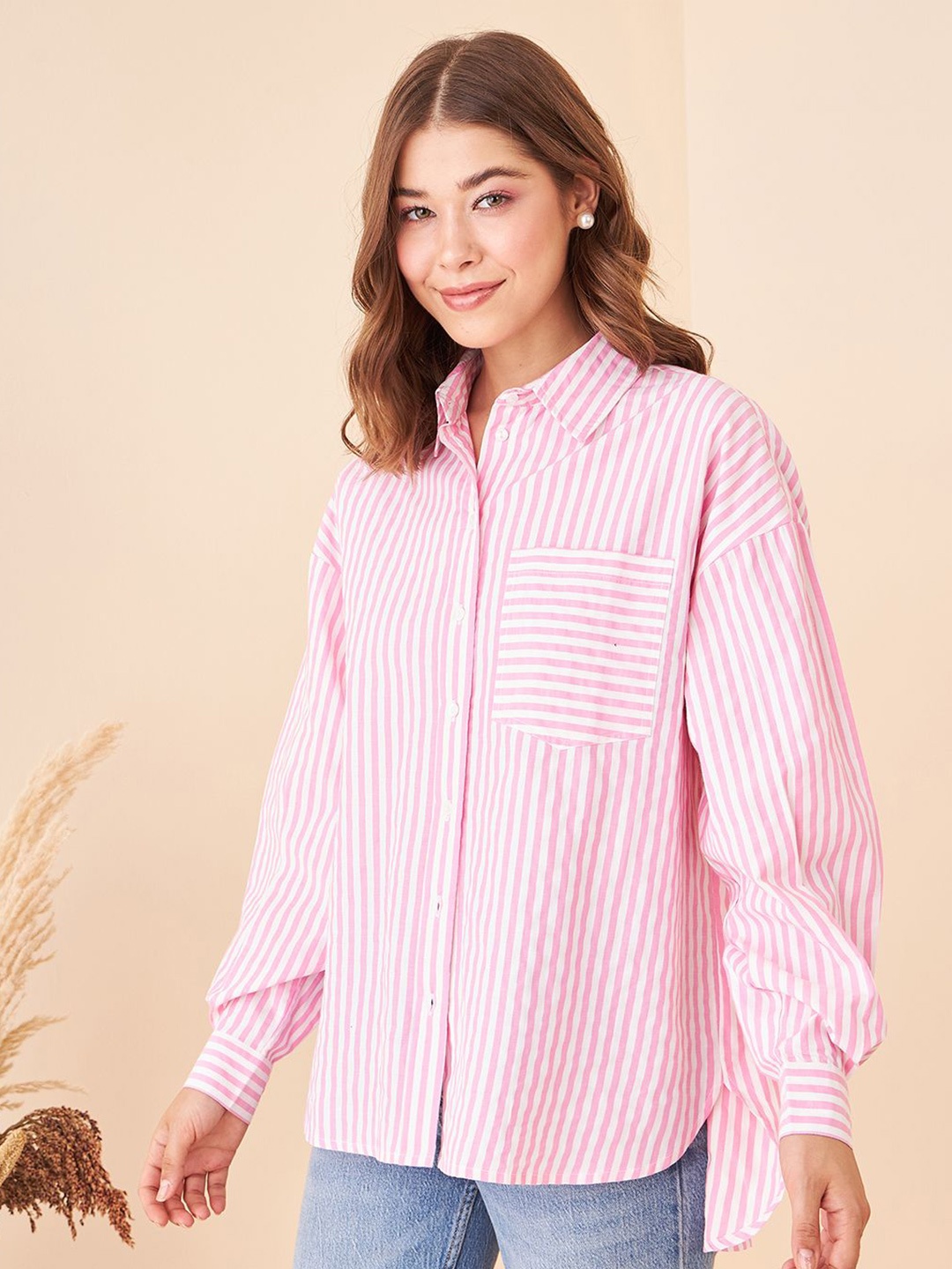 

Kibo Women Standard Opaque Striped Casual Shirt, Pink