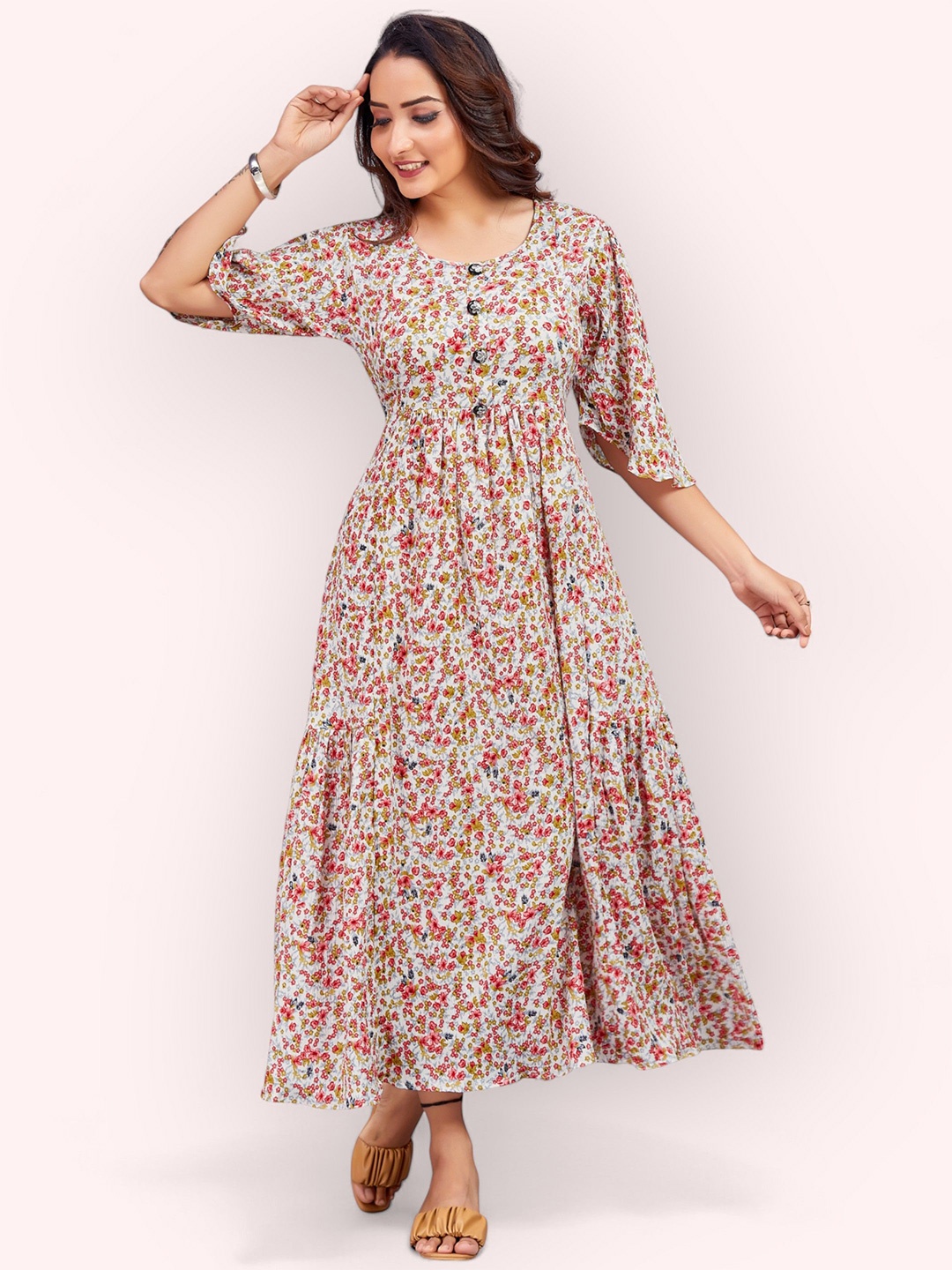 

PAMPER YOURSELF Floral Print Georgette Fit & Flare Maxi Dress, Cream