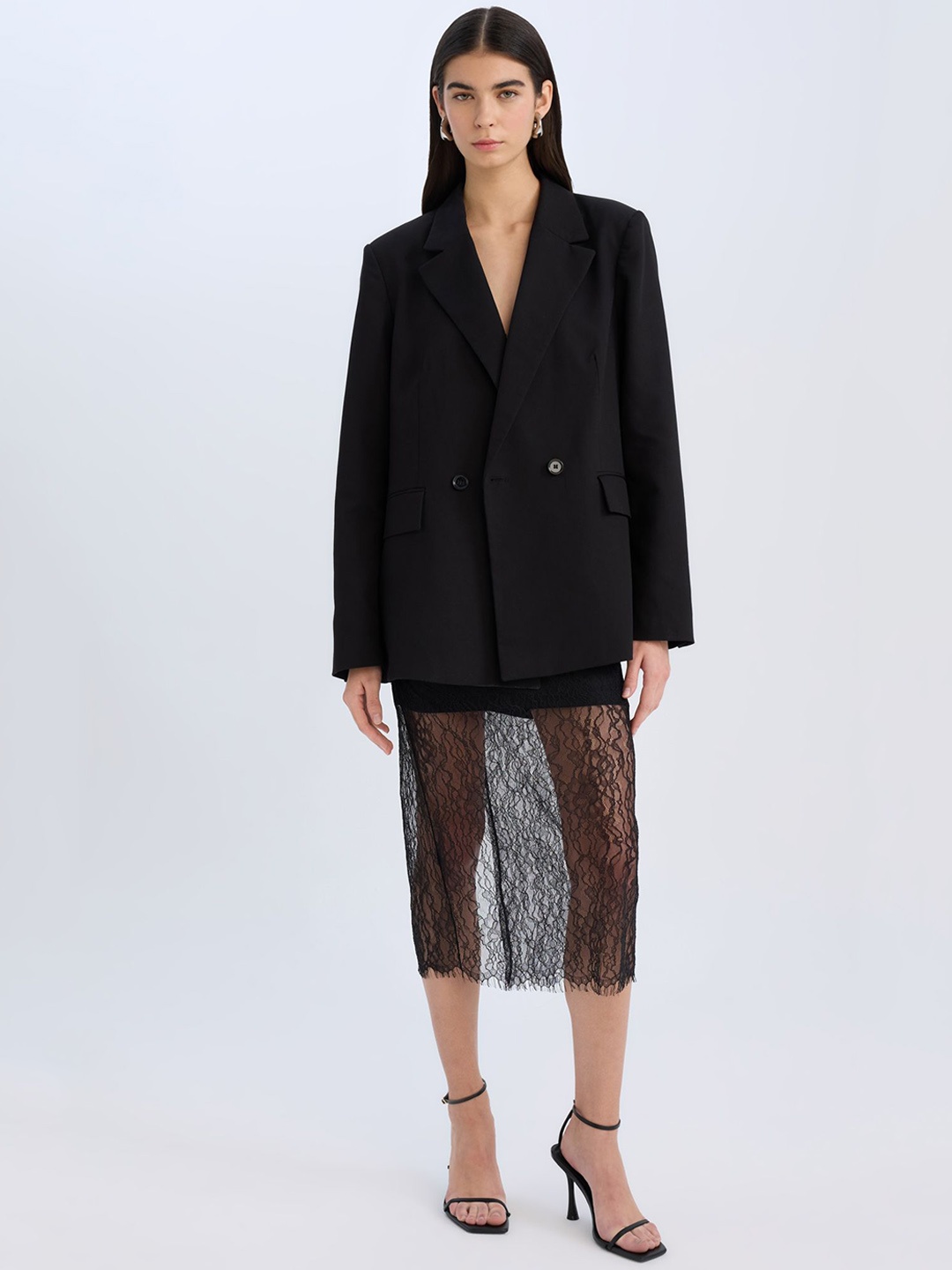 

DeFacto Sheer Self-Design Straight Midi Skirts, Black