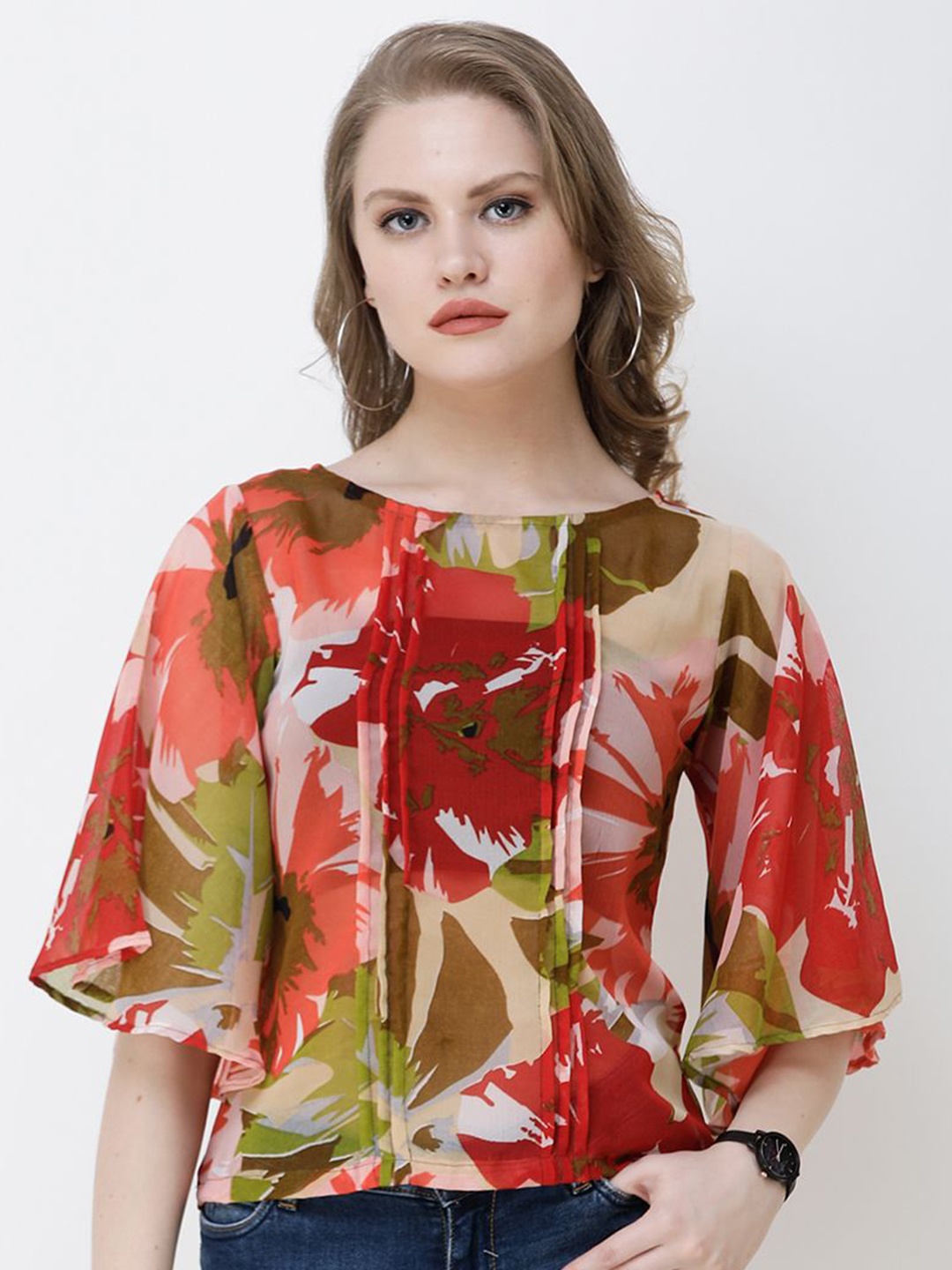

BAESD Floral Print Flared Sleeve Georgette Top, Red