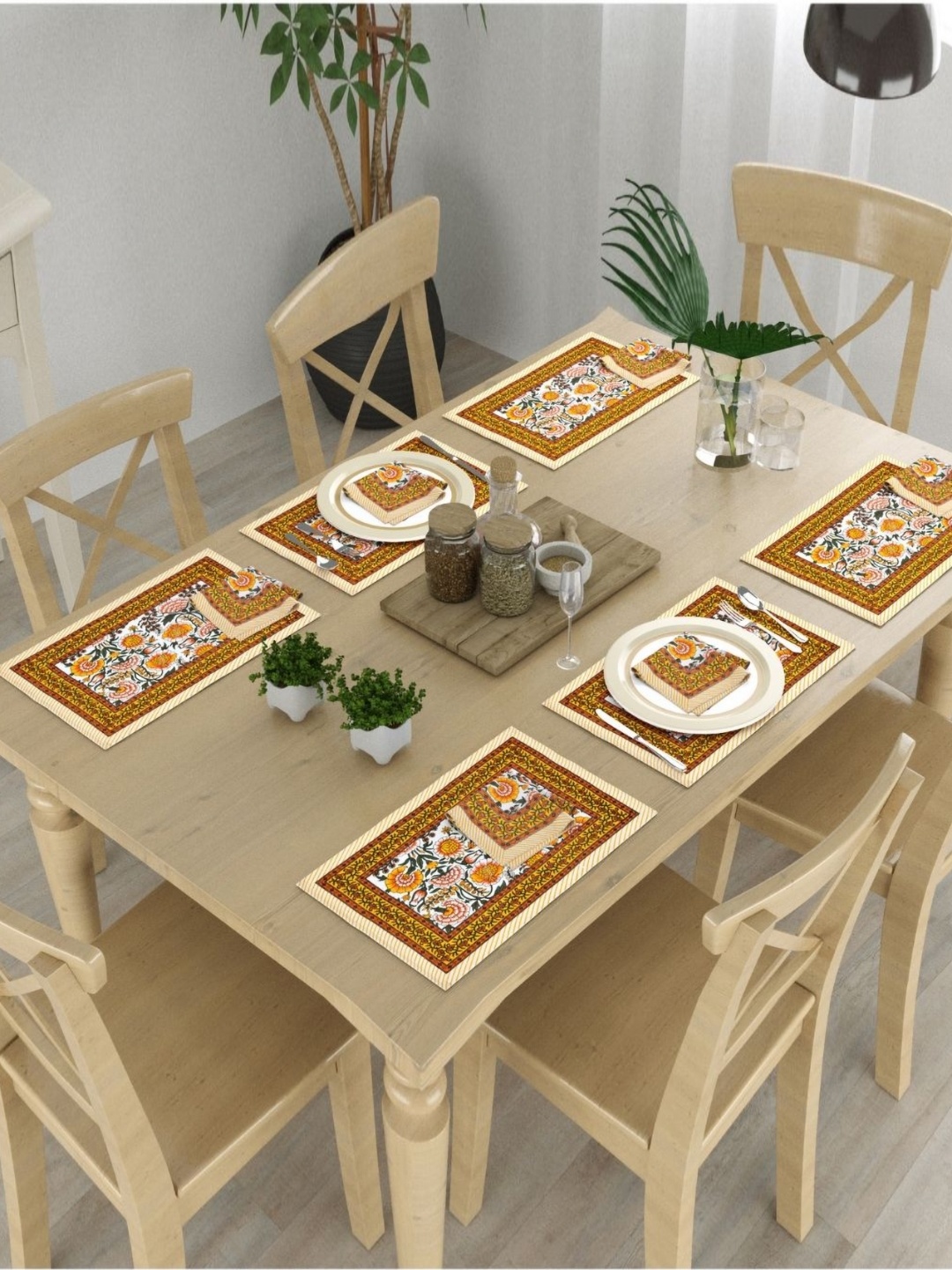 

The Craft Monk 12Pcs Yellow & White Floral Printed Pure Cotton Table Placemats & Napkins