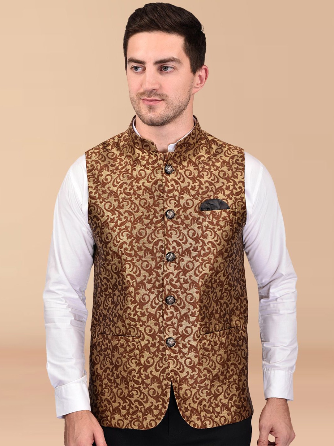 

BOWLIFESTYLE Woven Designed Nehru Jacket, Brown