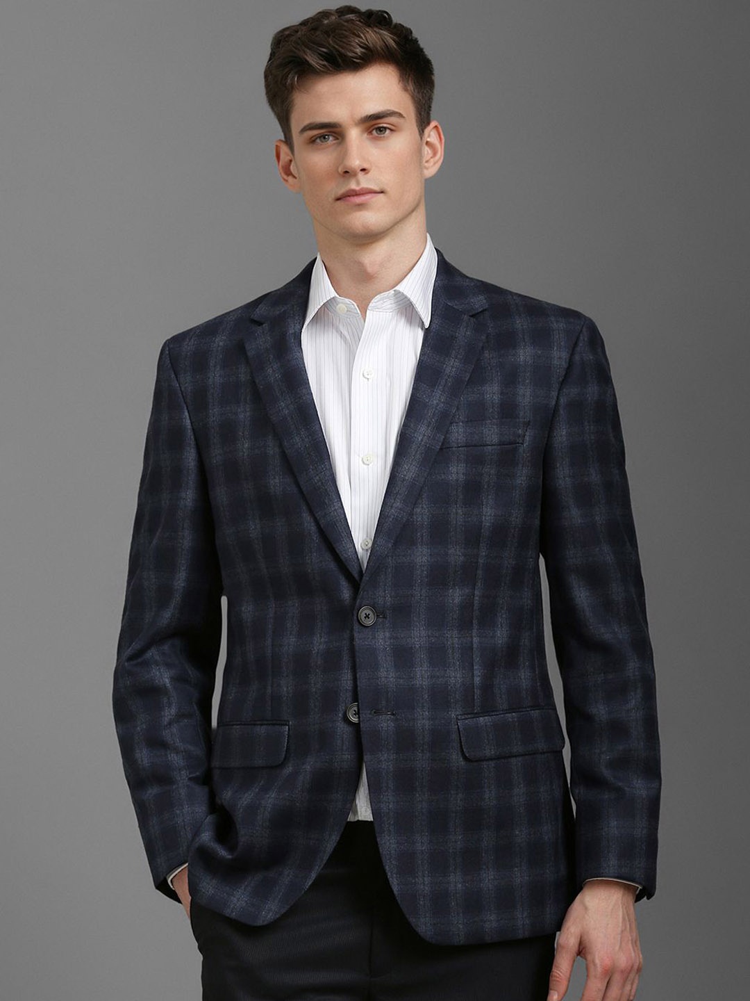 

Louis Philippe Checked Single-Breasted Blazer, Navy blue