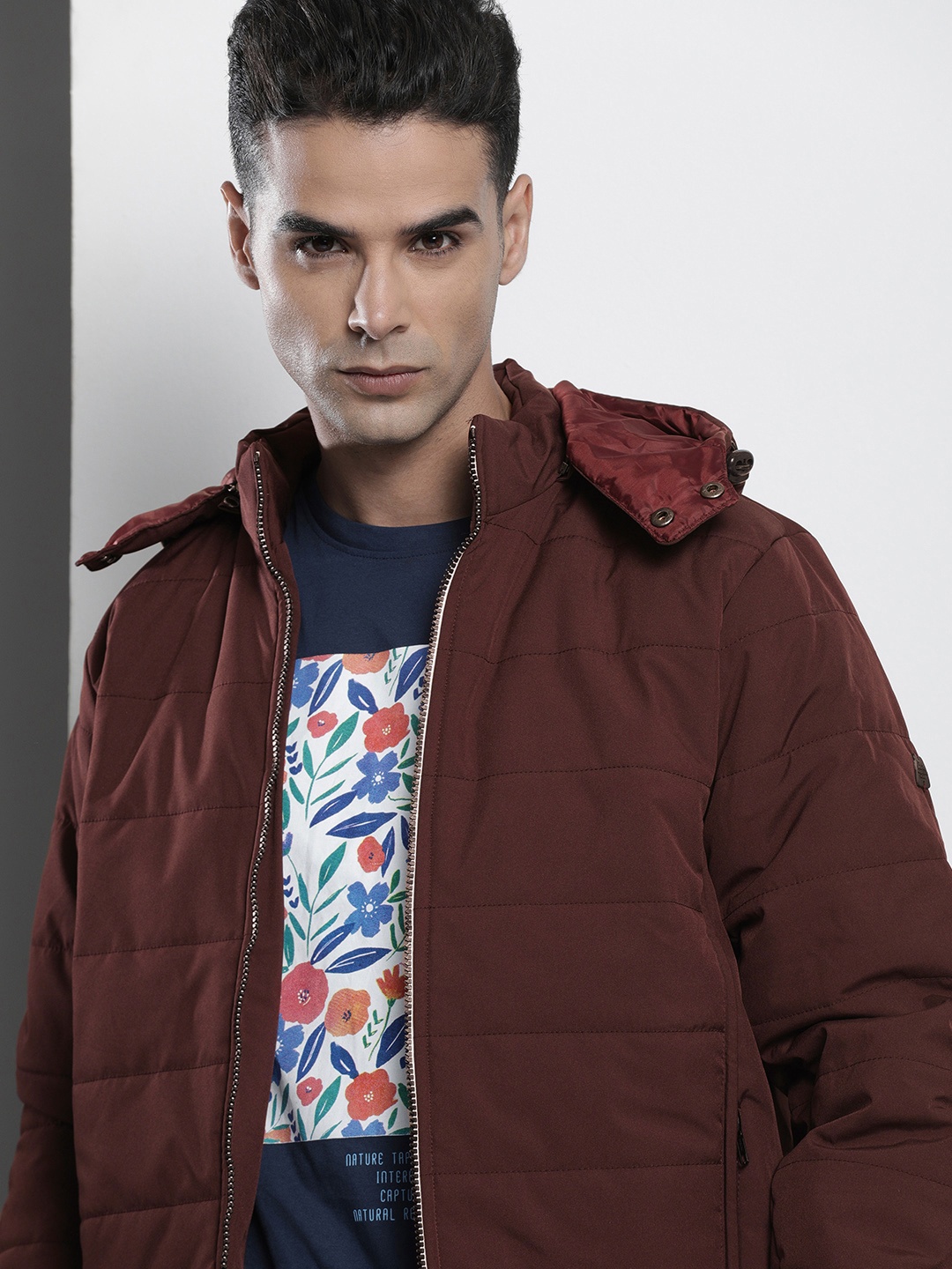 

The Indian Garage Co Men Zip-Front Bomber Jacket with Detachable Hood, Burgundy