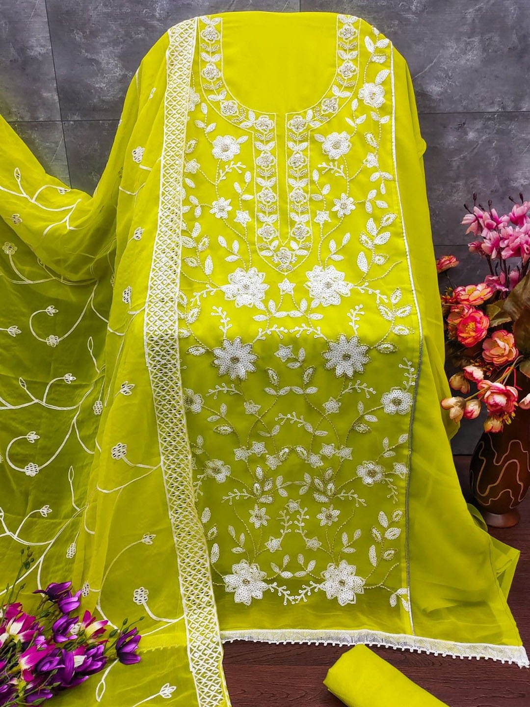 

ZEEPKART Silk Georgette Unstitched Dress Material, Sea green