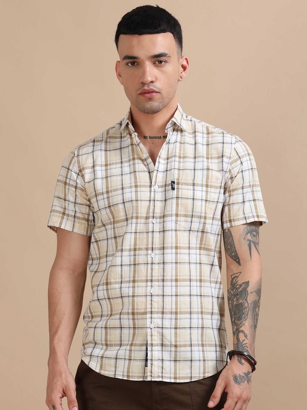 

HOUSE OF MAHNOTS Men Classic Opaque Checked Casual Shirt, Beige