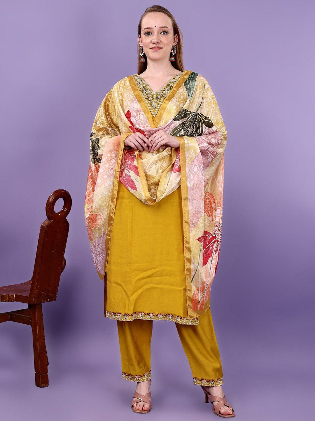 

BERISTON Women Ethnic Motifs Embroidered Regular Thread Work Kurta with Trousers & With Dupatta, Yellow