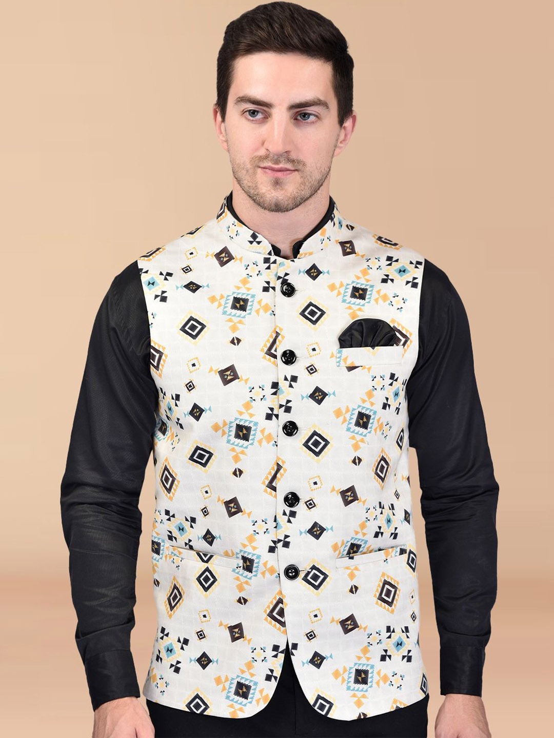 

BOWLIFESTYLE Printed Mandarin Collar Nehru Jacket, White