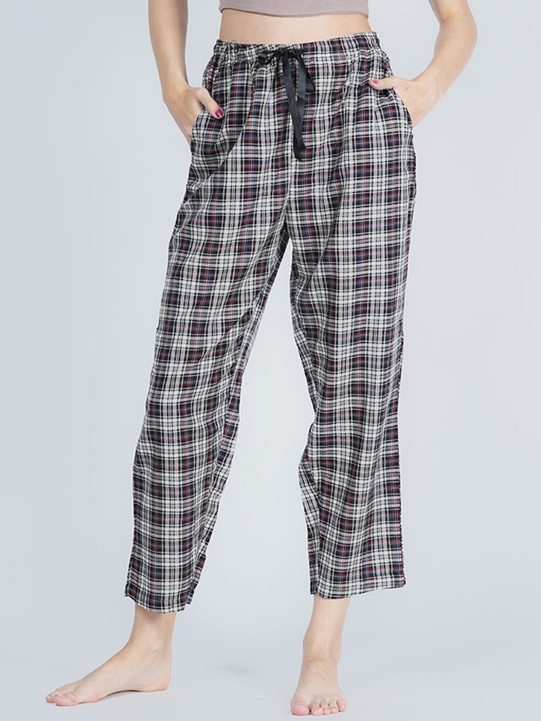 

Style Shoes Women Checked Straight Lounge Pants With Functional Pocket, Black