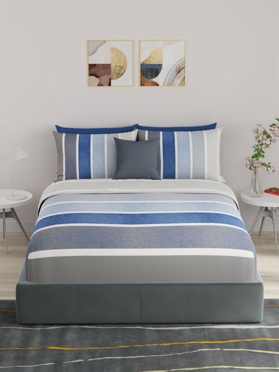 

United Colors of Benetton Navy Blue & Grey Striped 210 TC King Bedsheet with 2 Pillow Covers