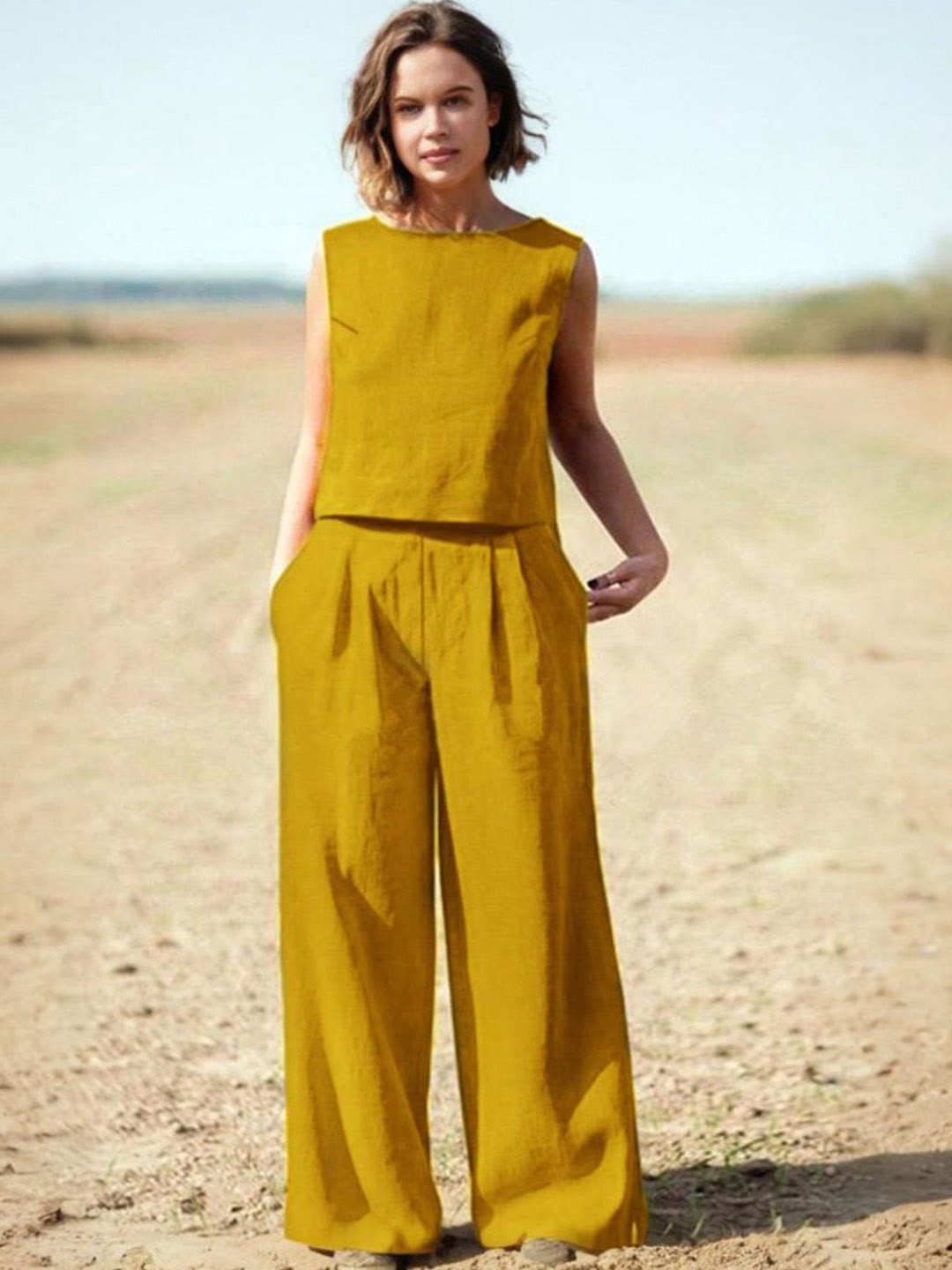 

StyleCast Round Neck Top With Trousers Co-Ords Set, Yellow