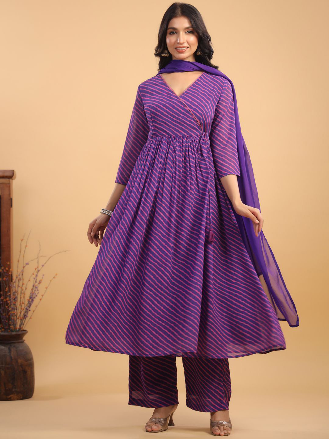 

Janasya Women Striped Regular Gotta Patti Kurta with Trousers & With Dupatta, Purple