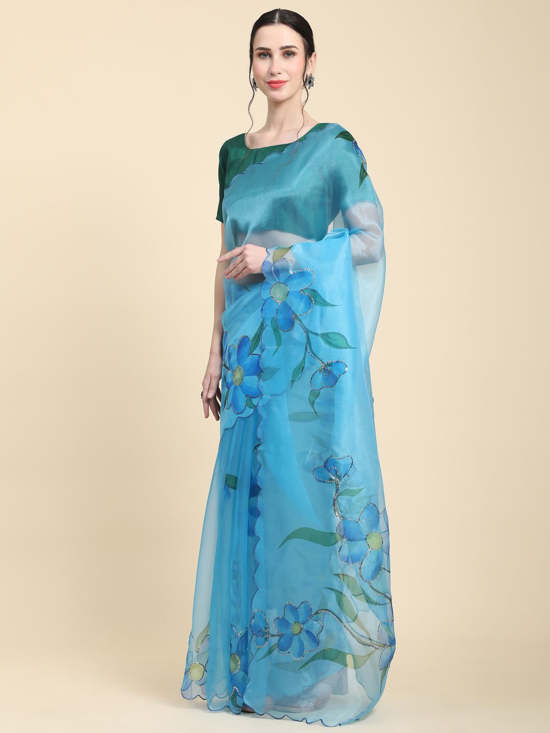 

Anouk Floral Printed Sequinned Saree, Turquoise blue