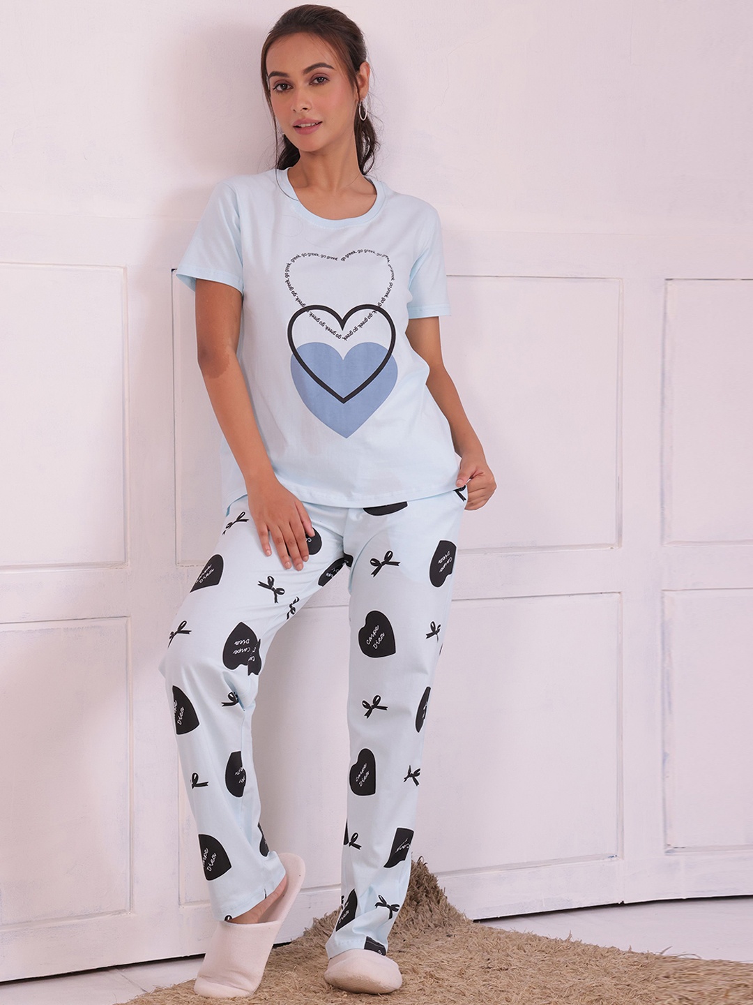 

NAP STORY Bows and Hearts Printed Half Sleeves T-Shirt and Pyjama Night suit, Blue