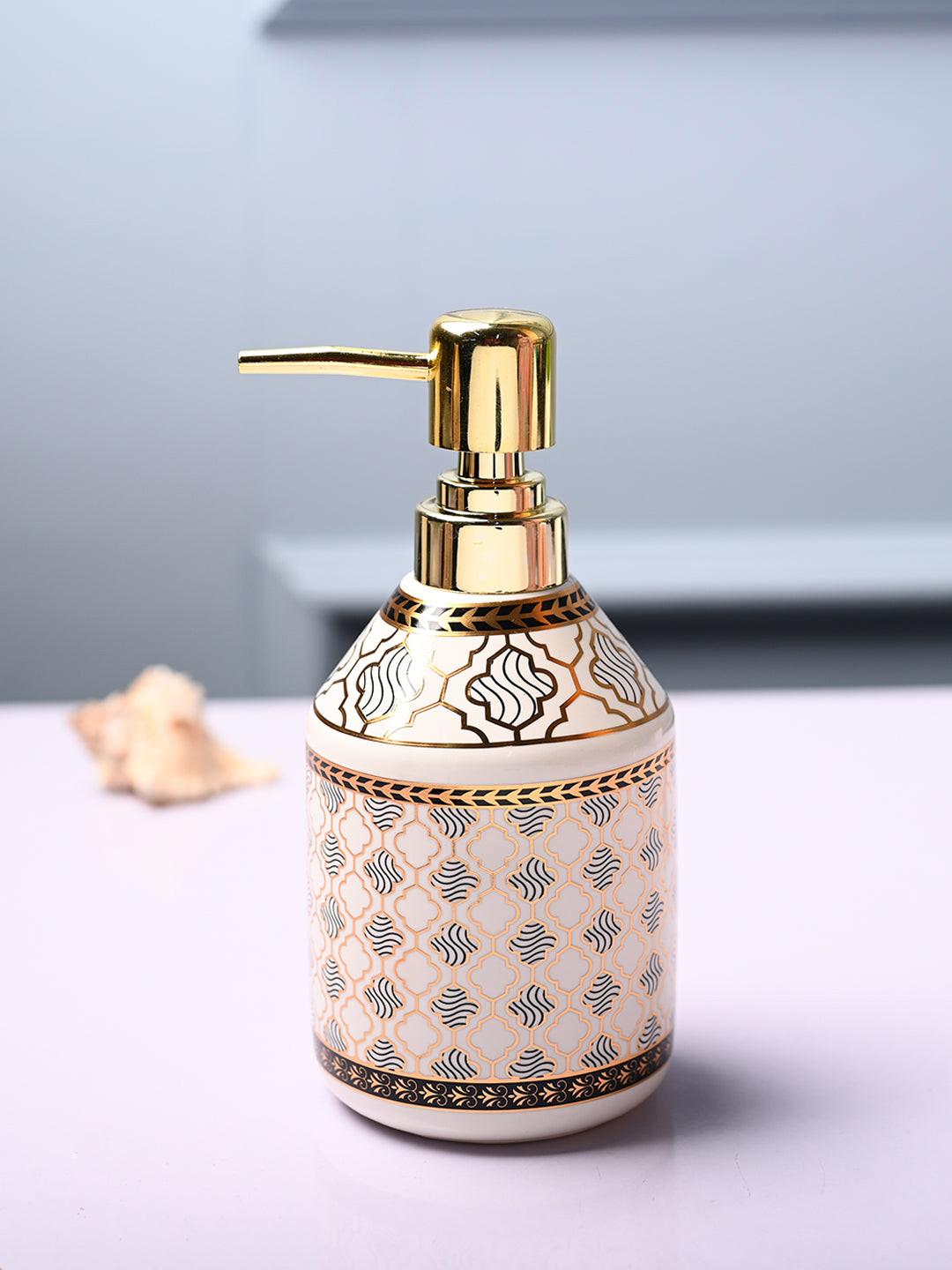 

MARKET99 Off White Geometric Printed Cylindrical Ceramic Waterproof Soap Dispenser- 550 ml