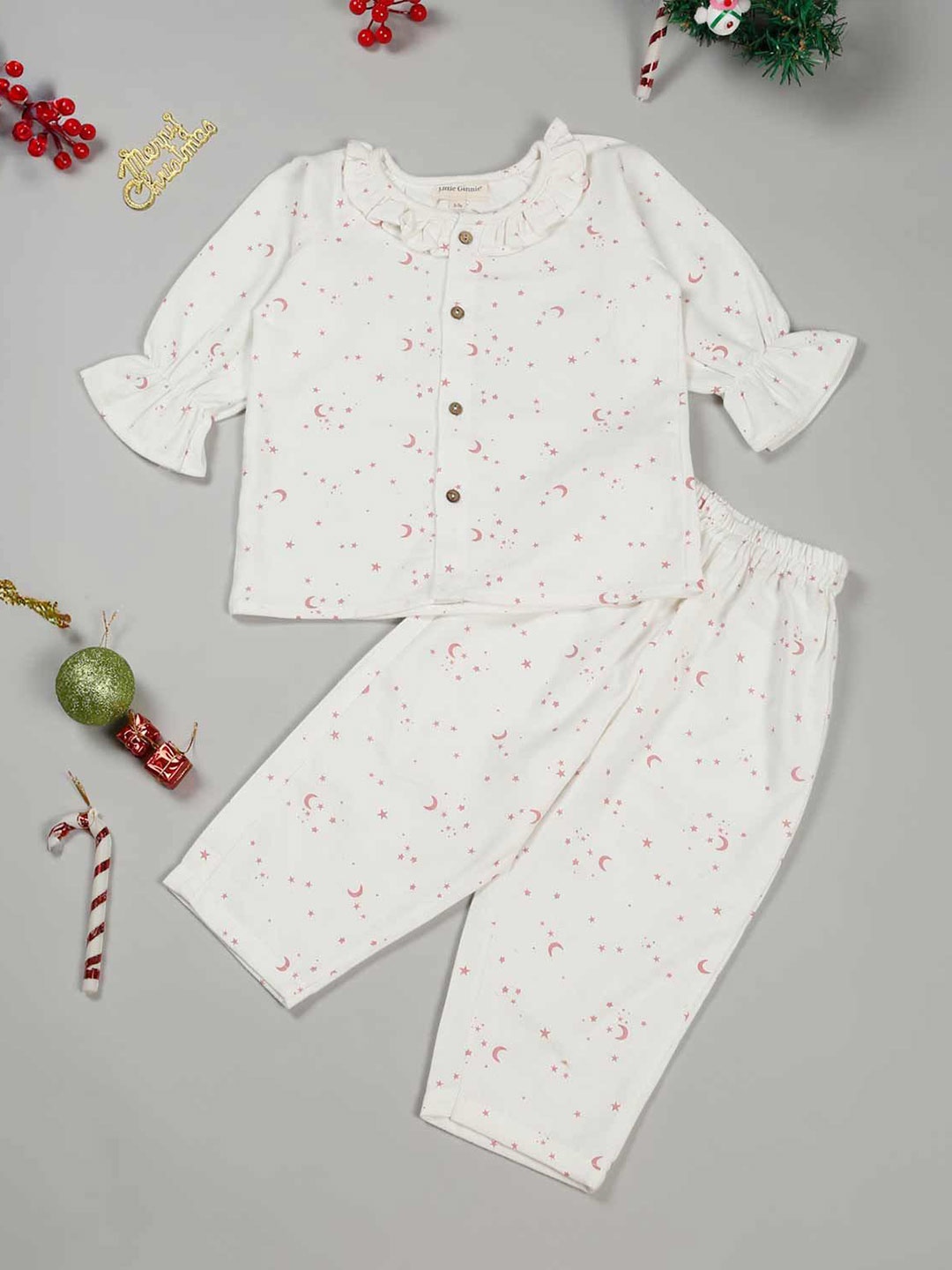 

LITTLE GINNIE Infant Girls Printed Cotton Top With Trousers Night Suit, White
