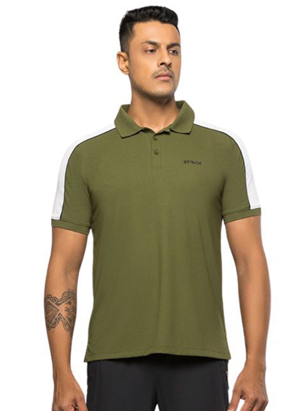 

STRCH Men Polo Collar Extended Sleeves Anti Odour Applique T-shirt, Olive