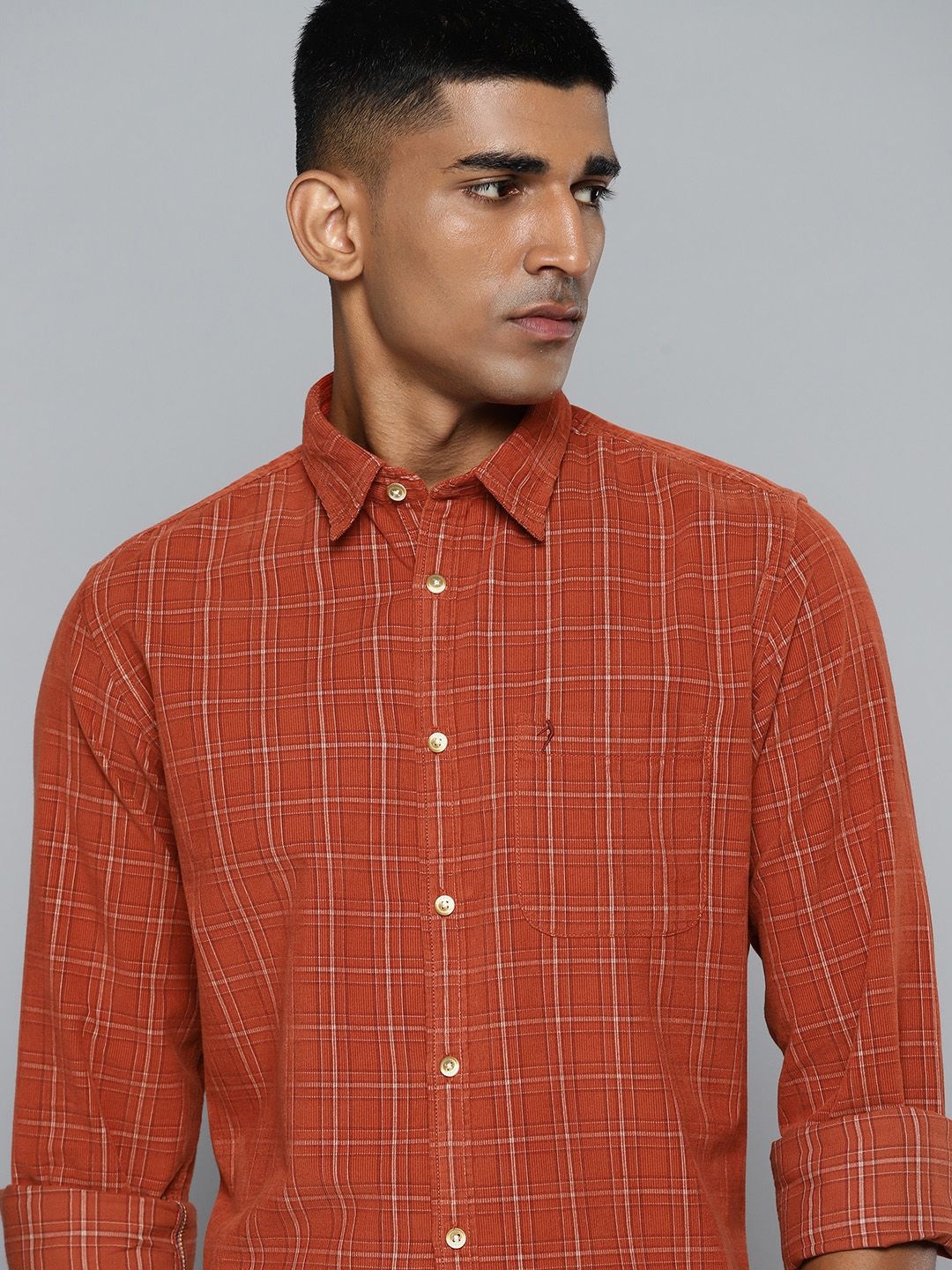 

Indian Terrain Pure Cotton Slim Fit Tartan Checked Corduroy Shirt, Rust