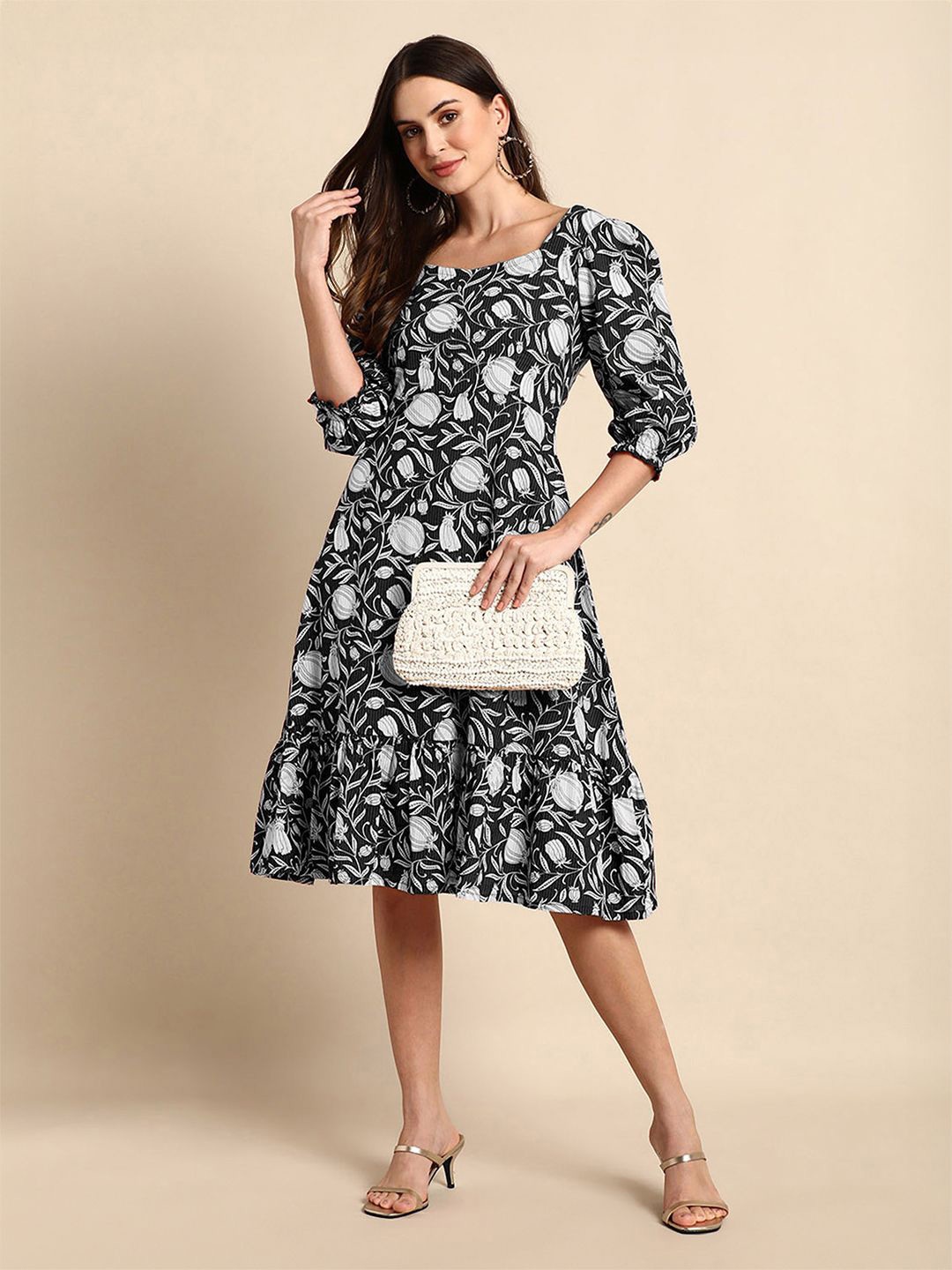 

KALINI Floral Print Puff Sleeve A-Line Midi Dress, Black