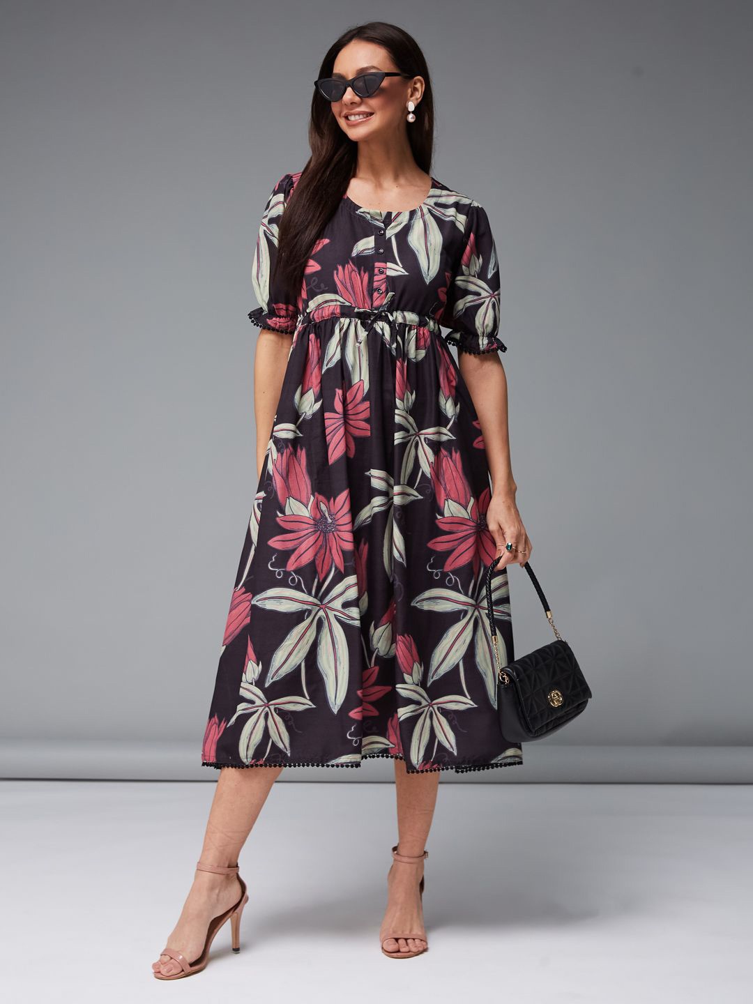 

COLORCART Floral Printed Puff Sleeve Fit & Flare Midi Dress, Black