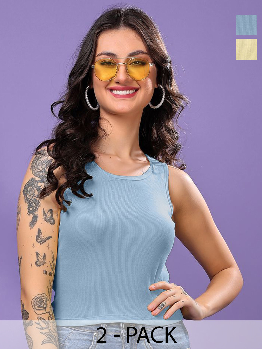 

FBAR Women Pack of 2 Cotton Tank Crop Top, Yellow