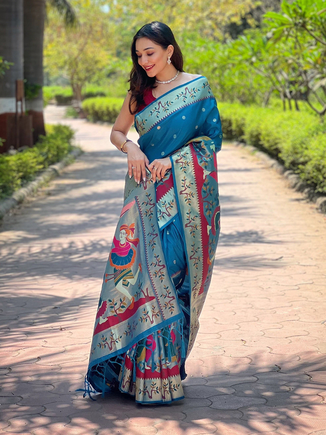 

RAJ DHARMA SILK Woven Design Zari Paithani Saree, Turquoise blue