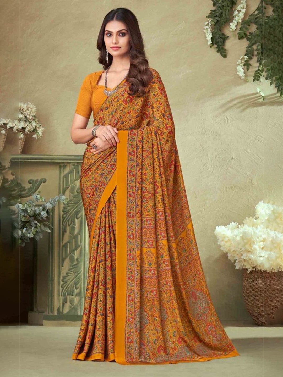 

Reboot Fashions Pure Crepe Ethnic Motifs Printed Saree, Yellow