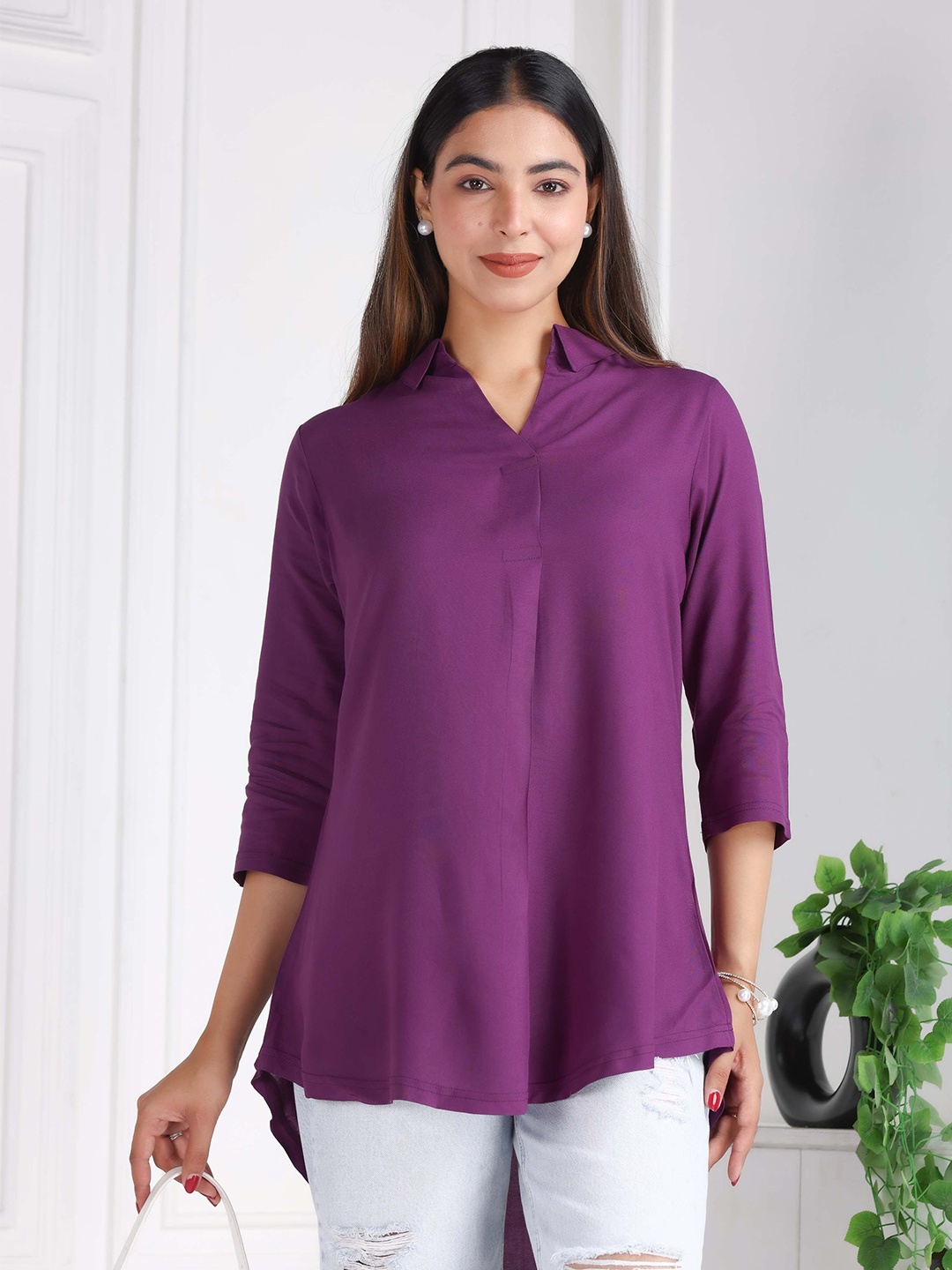 

Mlada Women Shirt Style Rayon Flare Tops with Three Quarter Sleeves Top, Purple