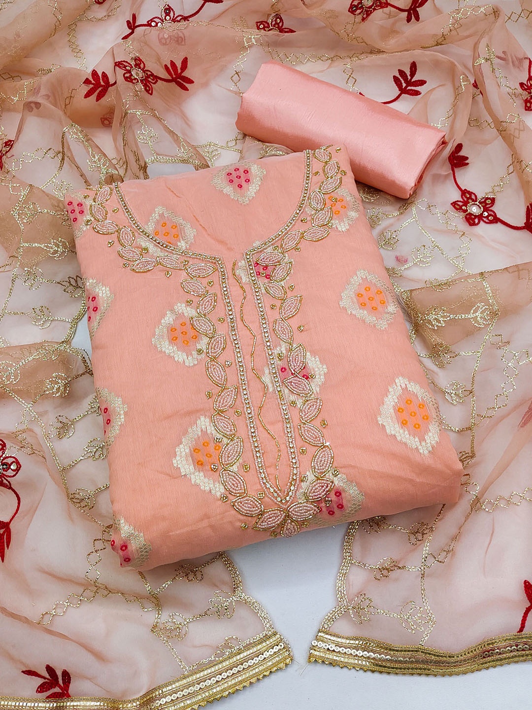 

Maroosh Embellished Unstitched Dress Material, Peach