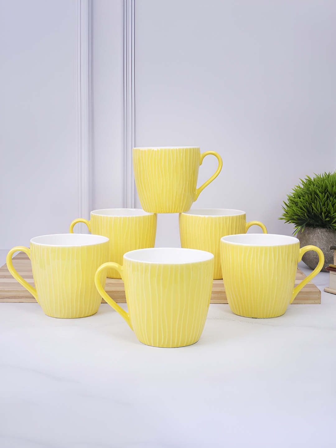 

UPC Set of 6 Printed Premium Lightweight Fine Bone China Ceramic Tea/Coffee Cups, Yellow