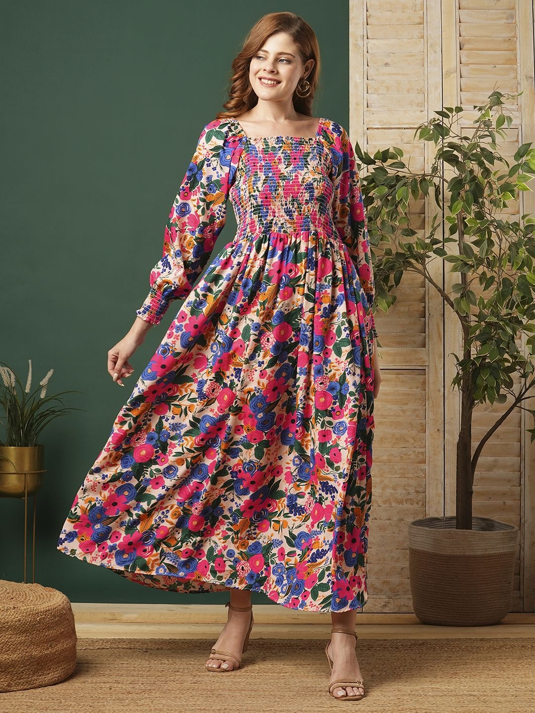 

STARWORD Women Floral Printed Smocked Fit & Flare Dress, Pink
