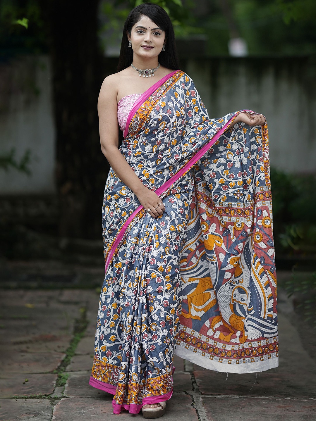 

HERE&NOW Pure Cotton Bhagalpuri Saree, Grey