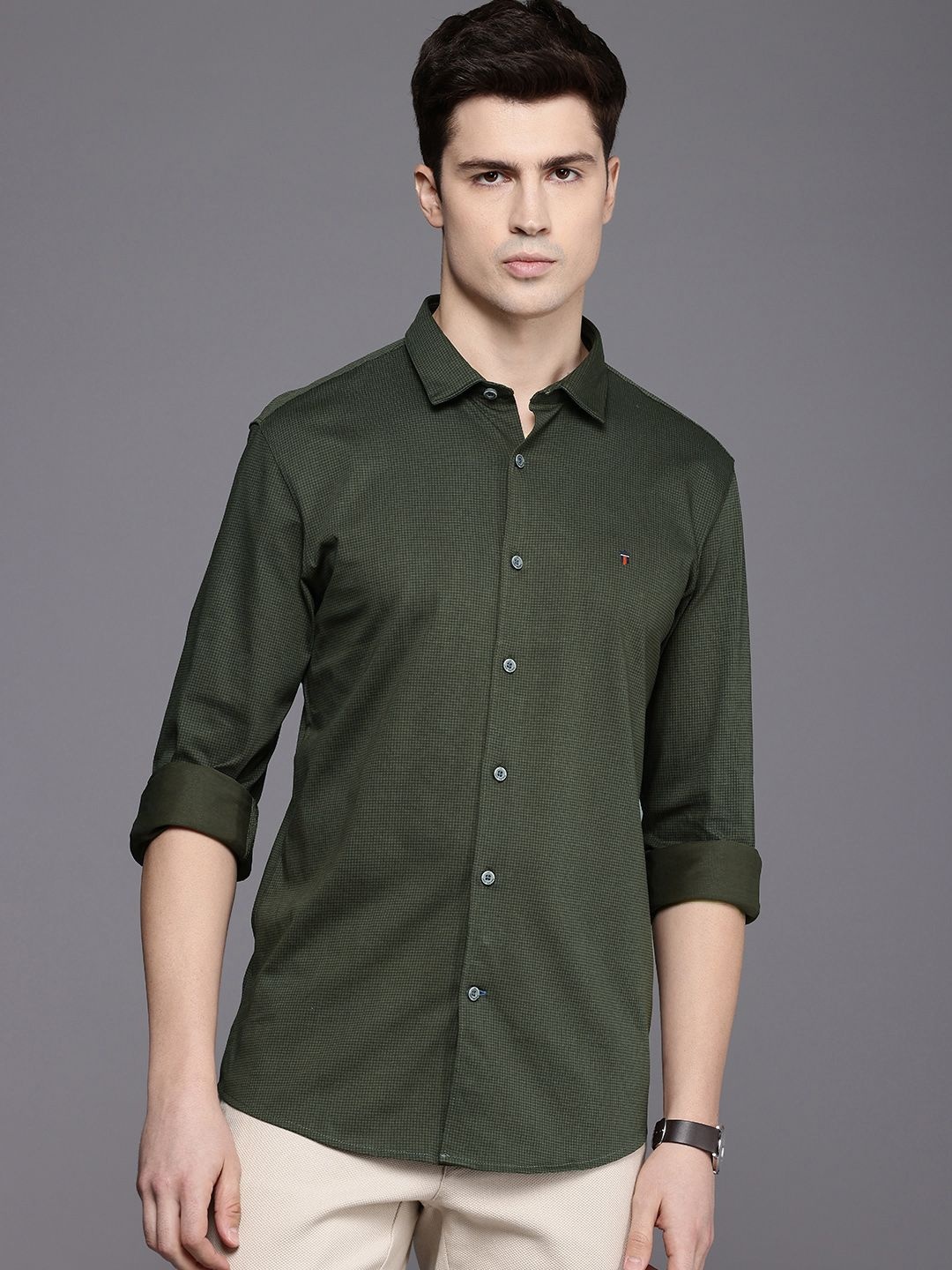 

Louis Philippe Sport Pure Cotton Super Slim Fit Micro Checked Casual Shirt, Olive